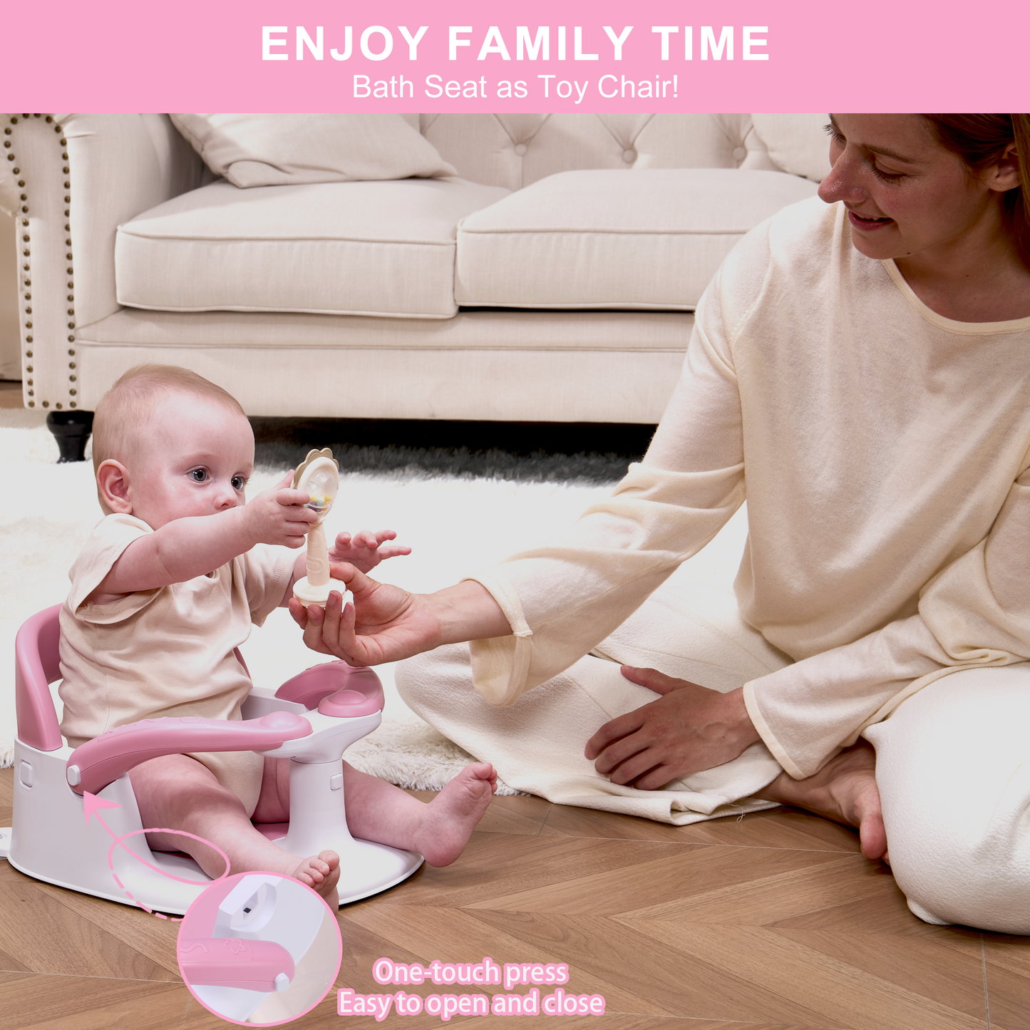 Wddbb Baby Bath seat for Babies 6 Months & up, 360° Stable Toddler Bath Chair with one-Touch Button, Back Hollow Design, Water Temperature Card & 4 Suction Cups for Safety (Pink)