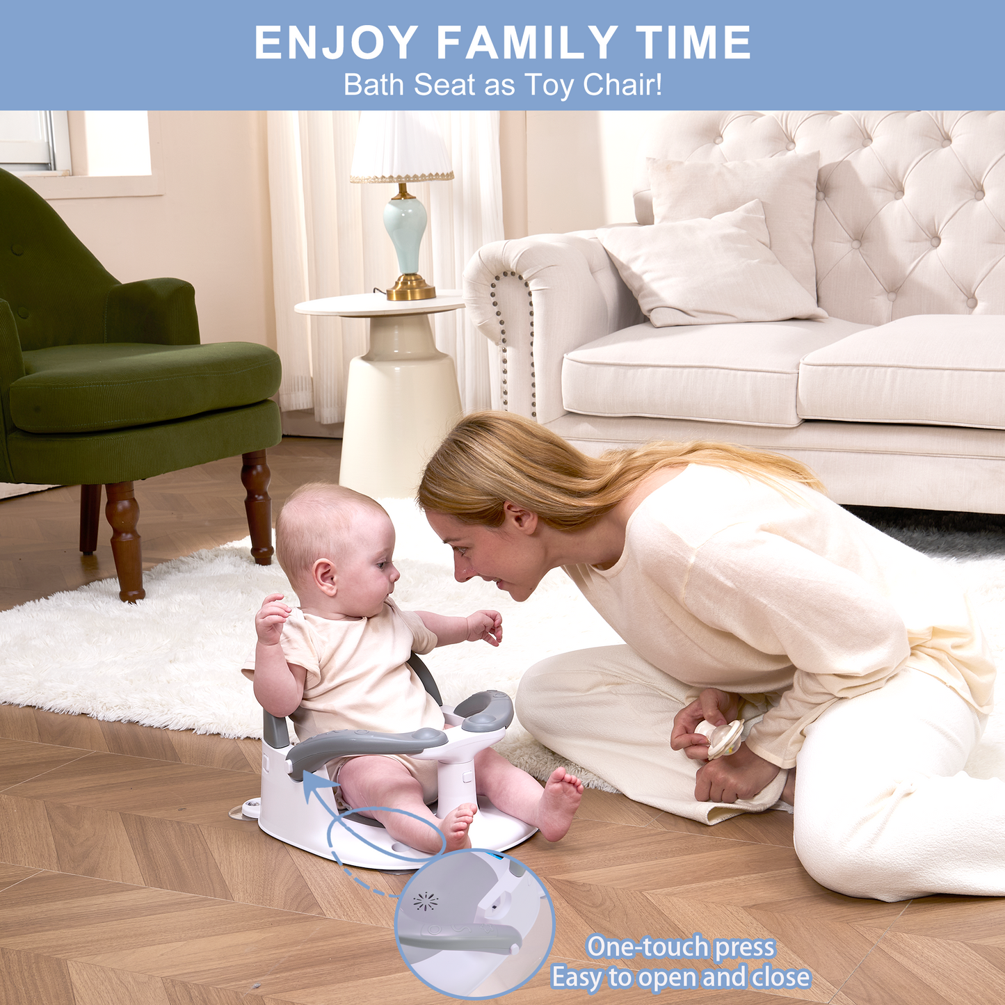 Wddbb Baby Bath seat for Babies 6 Months & up, 360° Stable Toddler Bath Chair with one-Touch Button, Back Hollow Design, Water Temperature Card & 4 Suction Cups for Safety (Blue)