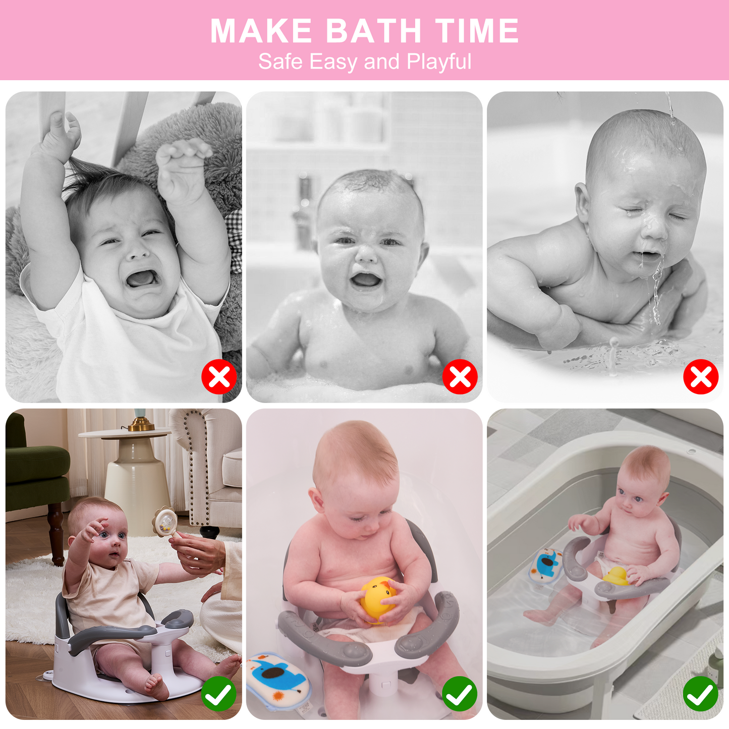 Wddbb Baby Bath seat for Babies 6 Months & up, 360° Stable Toddler Bath Chair with one-Touch Button, Back Hollow Design, Water Temperature Card & 4 Suction Cups for Safety (Pink)