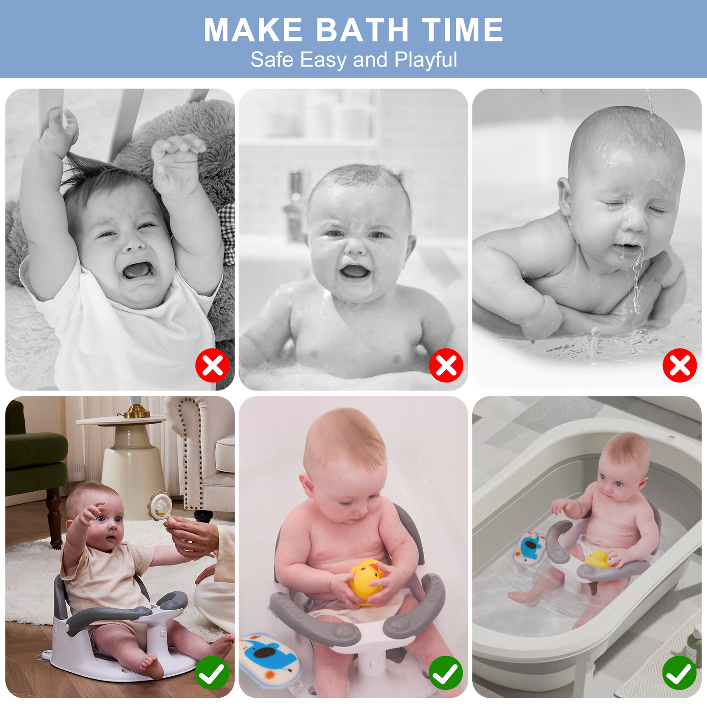 Wddbb Baby Bath seat for Babies 6 Months & up, 360° Stable Toddler Bath Chair with one-Touch Button, Back Hollow Design, Water Temperature Card & 4 Suction Cups for Safety (Blue)