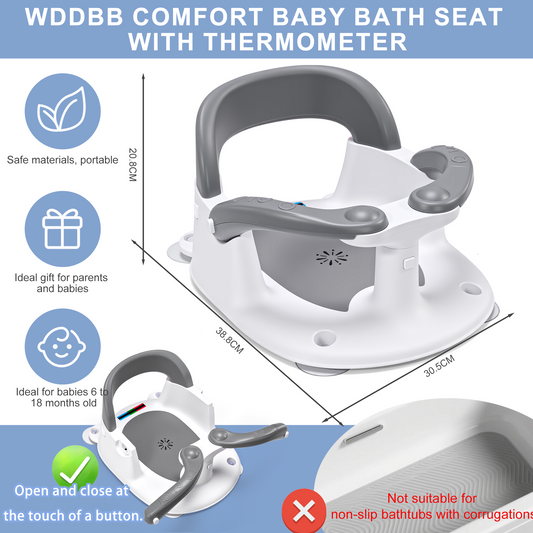 Wddbb Baby Bath seat for Babies 6 Months & up, 360° Stable Toddler Bath Chair with one-Touch Button, Back Hollow Design, Water Temperature Card & 4 Suction Cups for Safety (Dark Gray)
