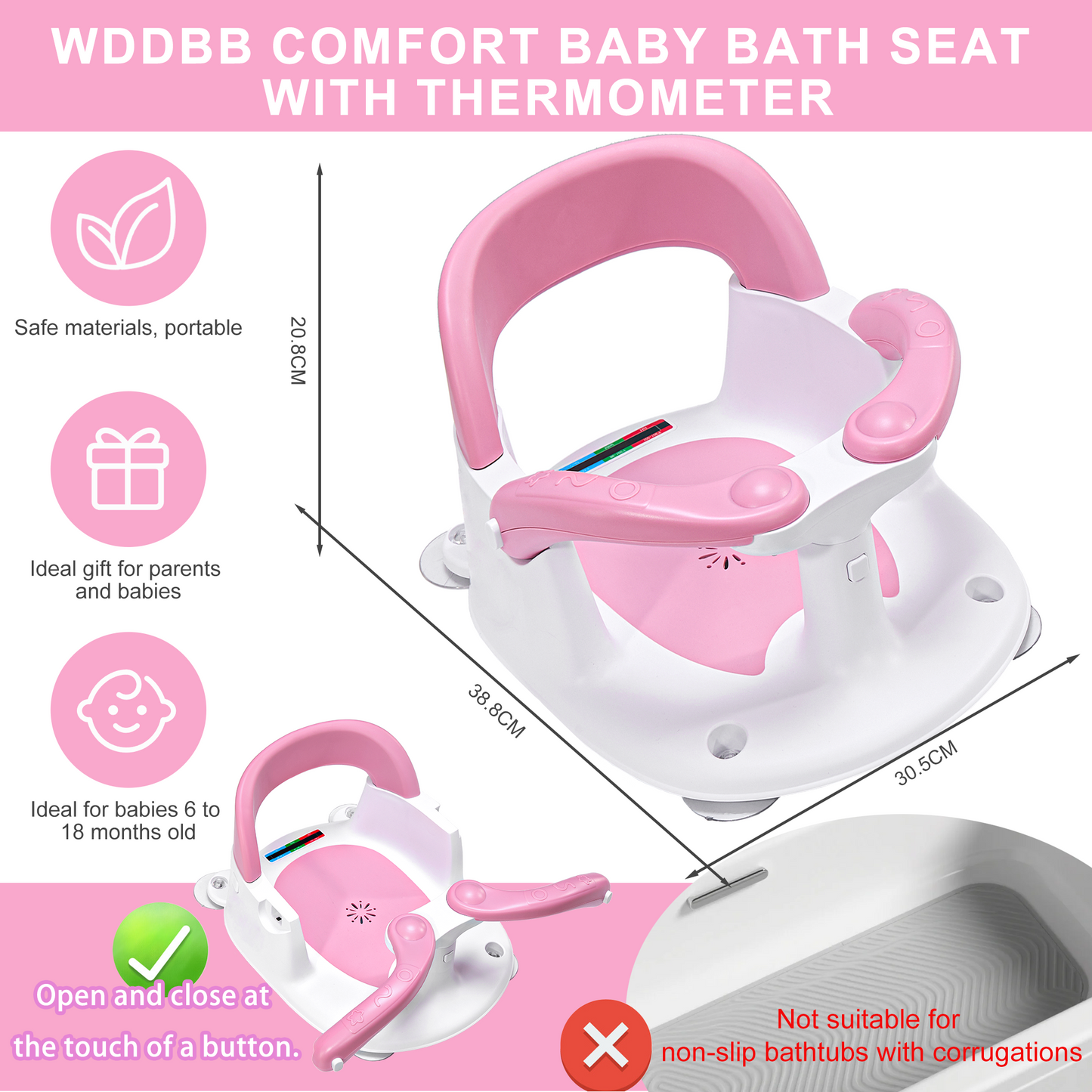 Wddbb Baby Bath seat for Babies 6 Months & up, 360° Stable Toddler Bath Chair with one-Touch Button, Back Hollow Design, Water Temperature Card & 4 Suction Cups for Safety (Pink)