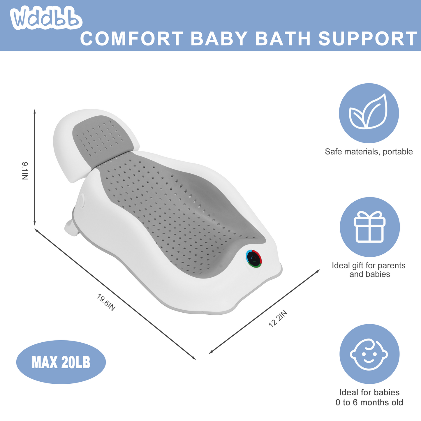 Wddbb Baby Bath Support,Ideal for Babies Less Than 6 Months Old,with Thermometer-Adjustable Slope Newborn Bathtub, Baby tubs for Baby tubs for Newborn Essentials Must Haves (Gray)