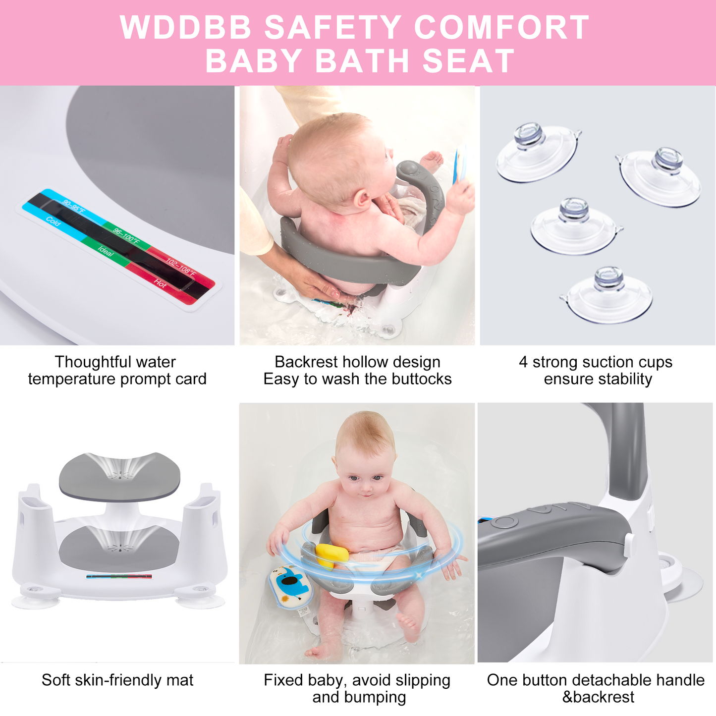 Wddbb Baby Bath seat for Babies 6 Months & up, 360° Stable Toddler Bath Chair with one-Touch Button, Back Hollow Design, Water Temperature Card & 4 Suction Cups for Safety (Pink)