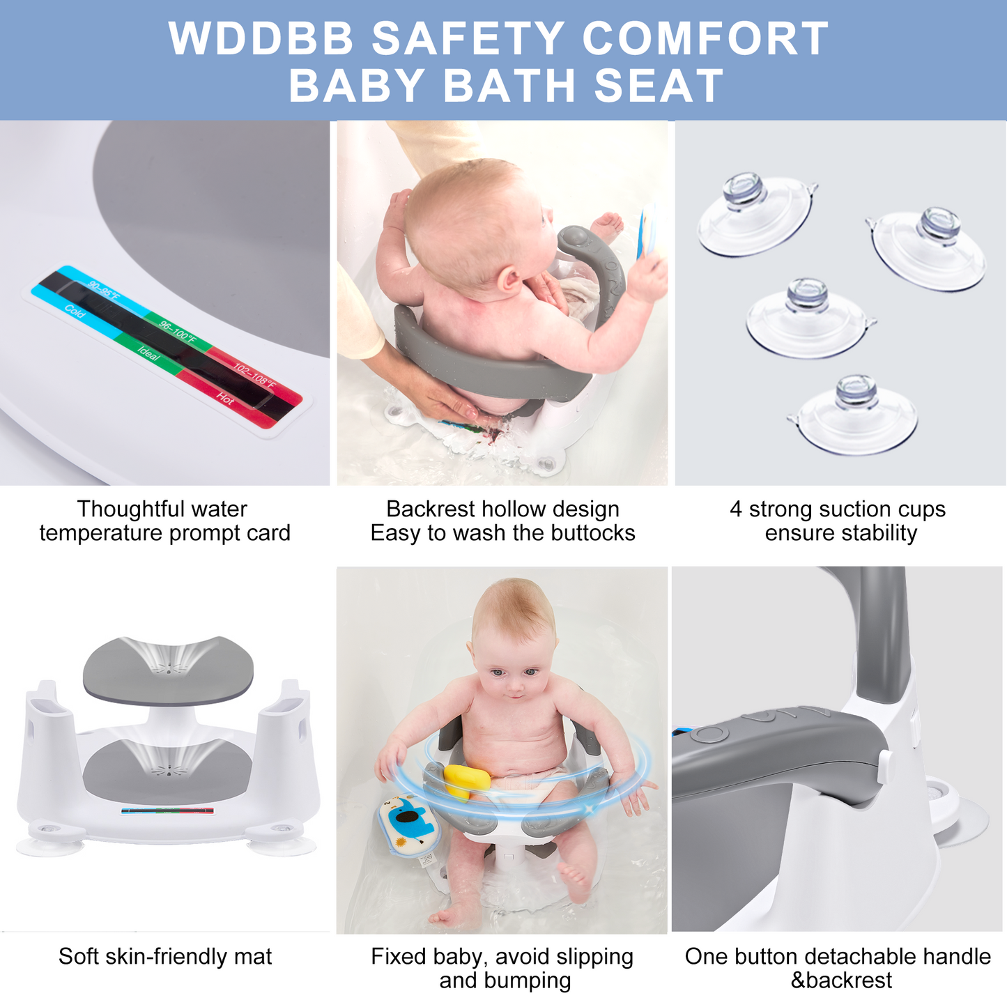 Wddbb Baby Bath seat for Babies 6 Months & up, 360° Stable Toddler Bath Chair with one-Touch Button, Back Hollow Design, Water Temperature Card & 4 Suction Cups for Safety (Gray)