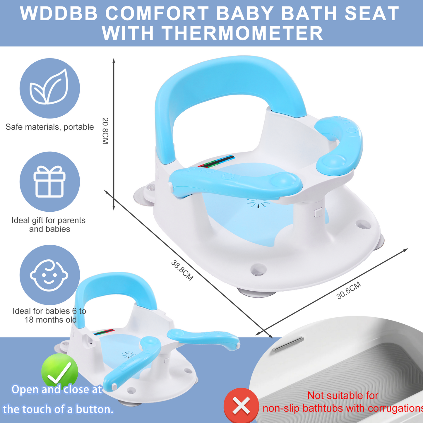 Wddbb Baby Bath seat for Babies 6 Months & up, 360° Stable Toddler Bath Chair with one-Touch Button, Back Hollow Design, Water Temperature Card & 4 Suction Cups for Safety (Blue)